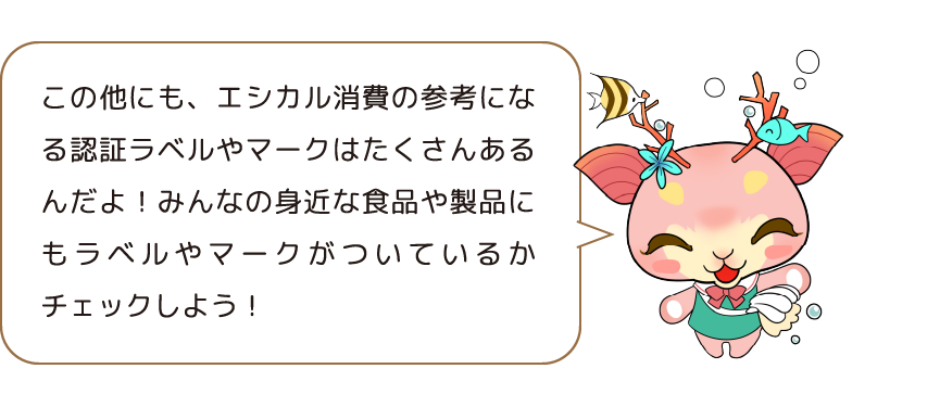 この他にも、エシカル消費の参考になる認証ラベルやマークはたくさんあるんだよ!みんなの身近な食品や製品にもラベルやマークがついているかチェックしよう!