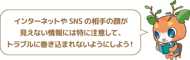 インターネットや SNS の相手の顔が見えない情報には特に注意して,トラブルに巻き込まれないようにしよう!